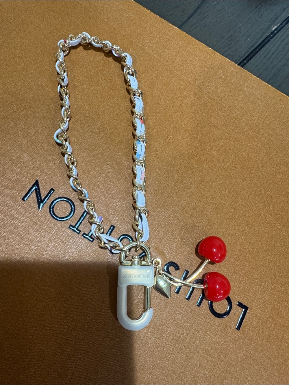 White & Gold Chain Charm Bracelet with Red Cherry Pendant